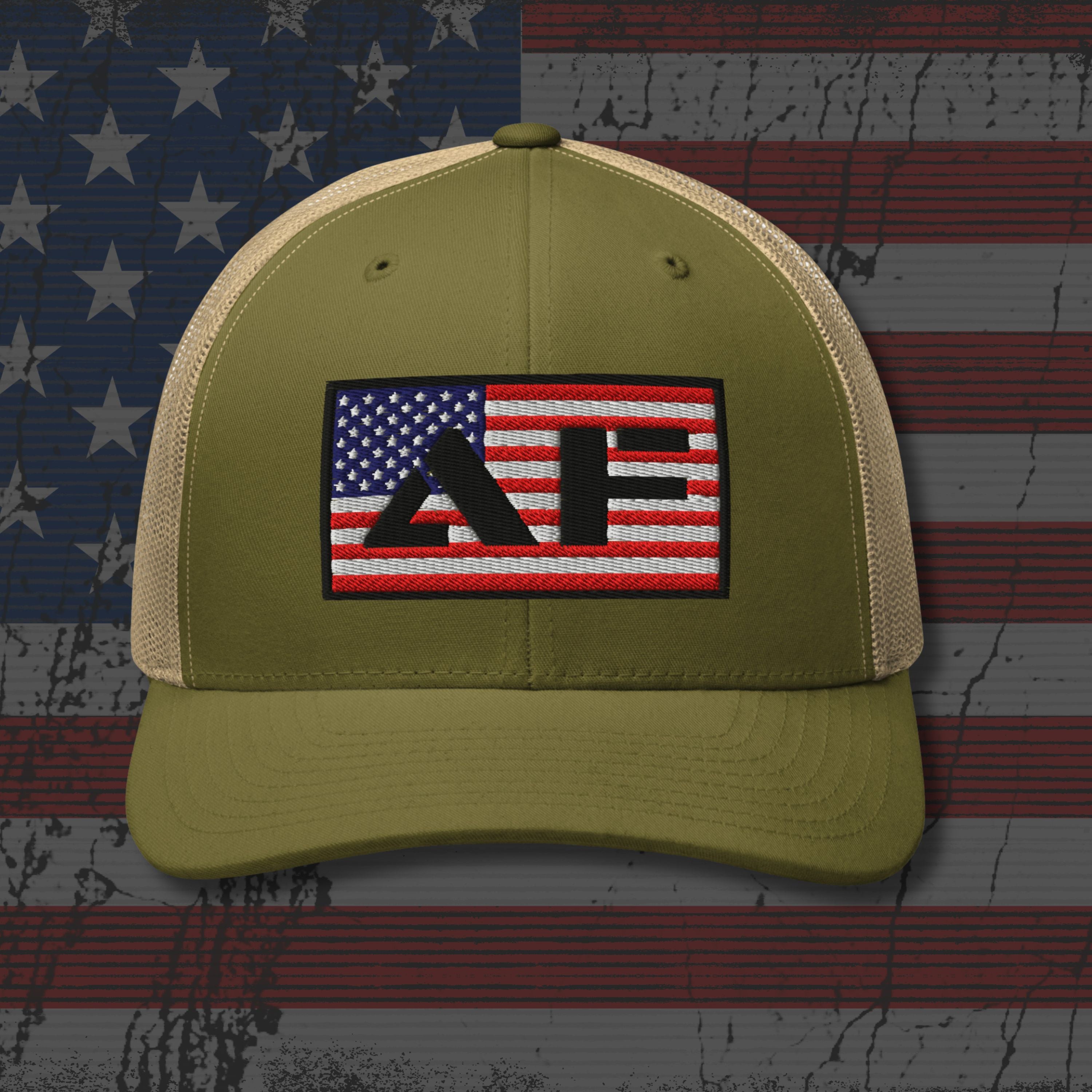 Green cap with a logo on an American flag background