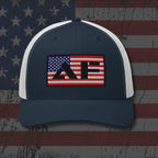 Navy and white cap with American flag design on a distressed American flag background