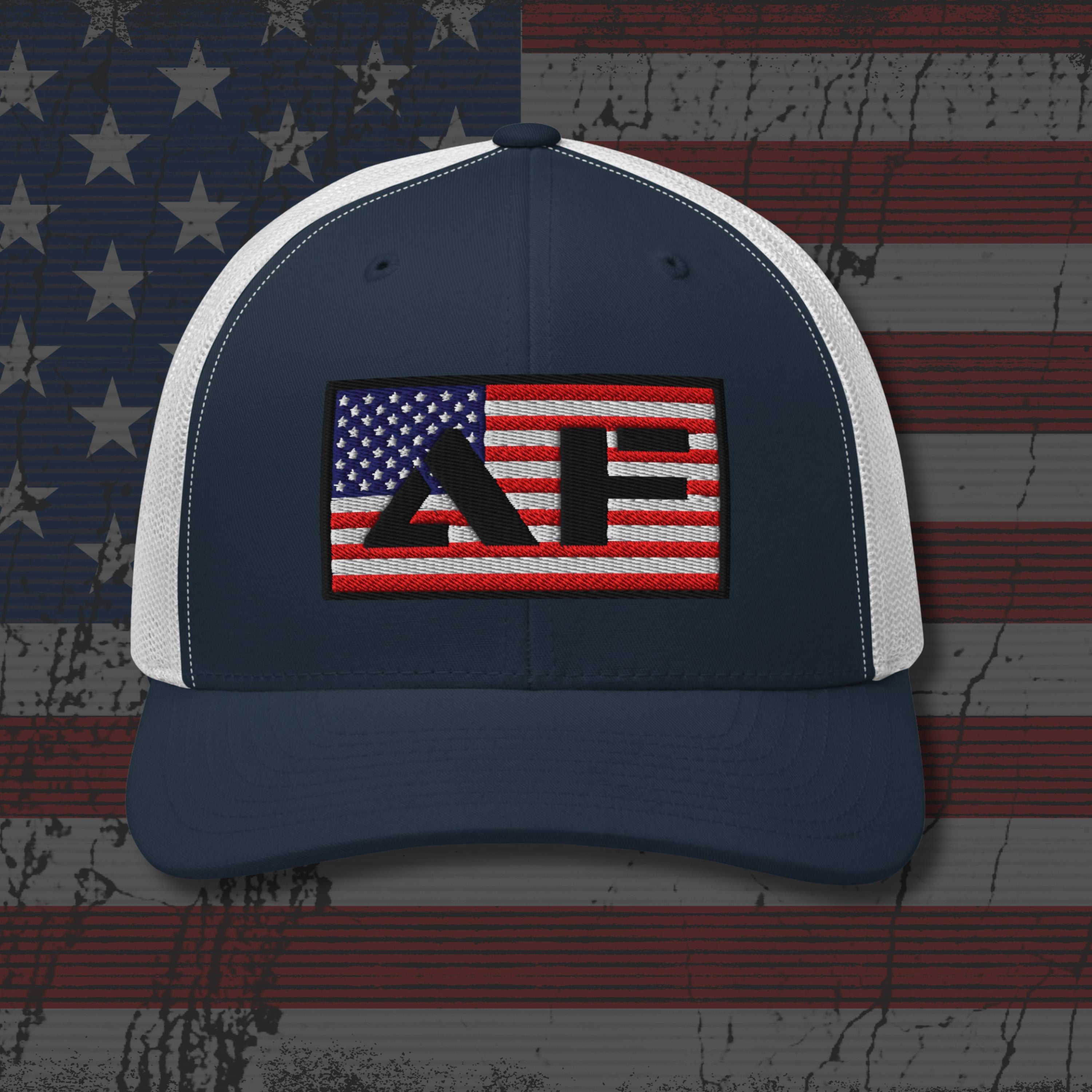Navy and white cap with American flag design on a distressed American flag background