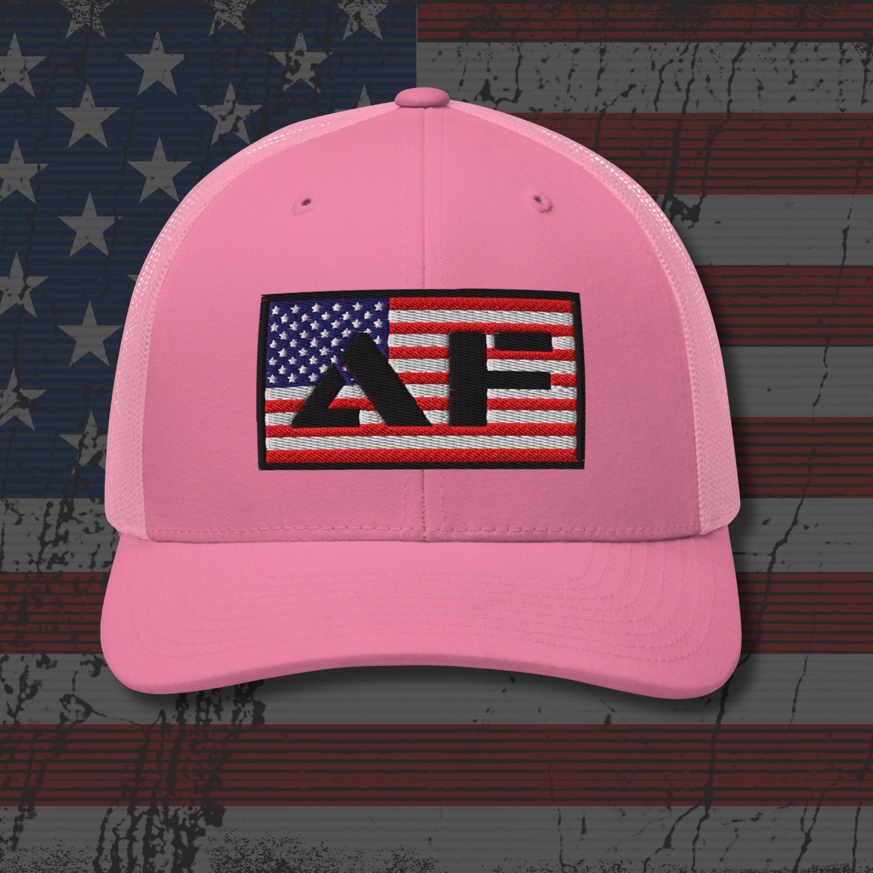 Pink cap with a logo on an American flag background
