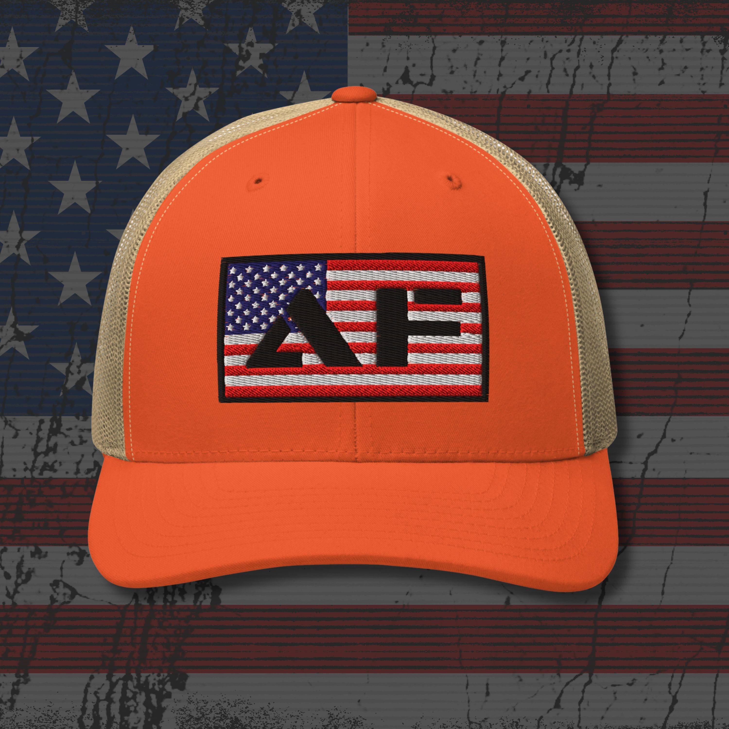 Orange cap with a logo on an American flag background