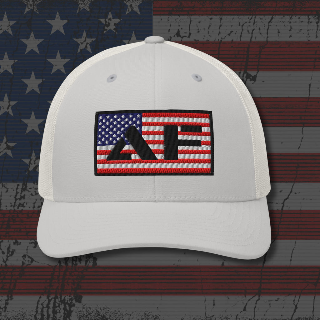 White cap with a flag design on an American flag background