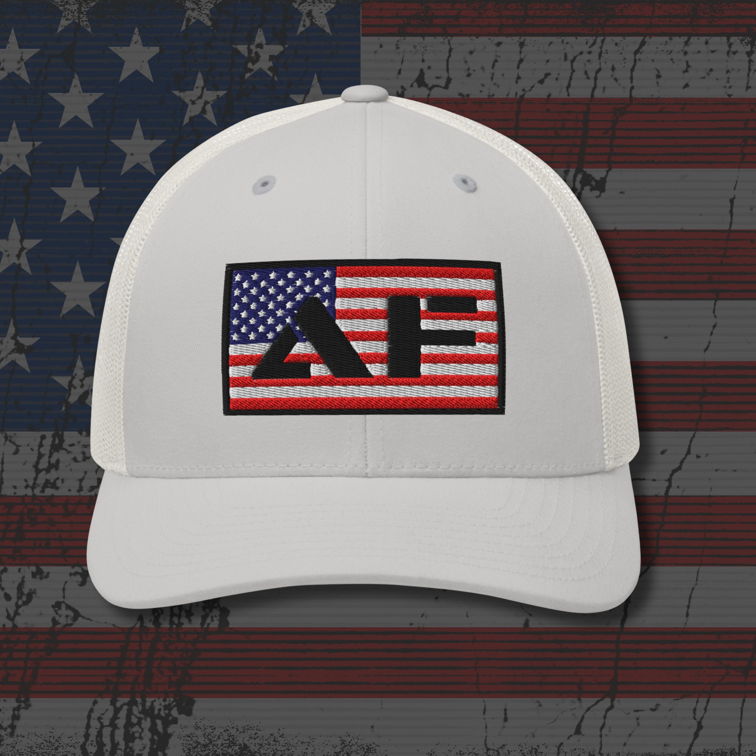 White cap with a flag design on an American flag background