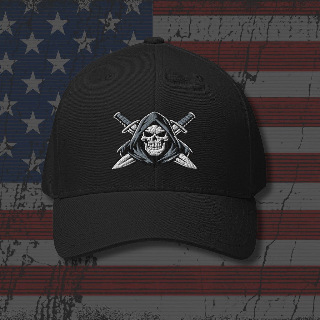 Black cap with a skull and crossed swords design on an American flag background