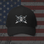 Black cap with a skull and crossed swords design on an American flag background