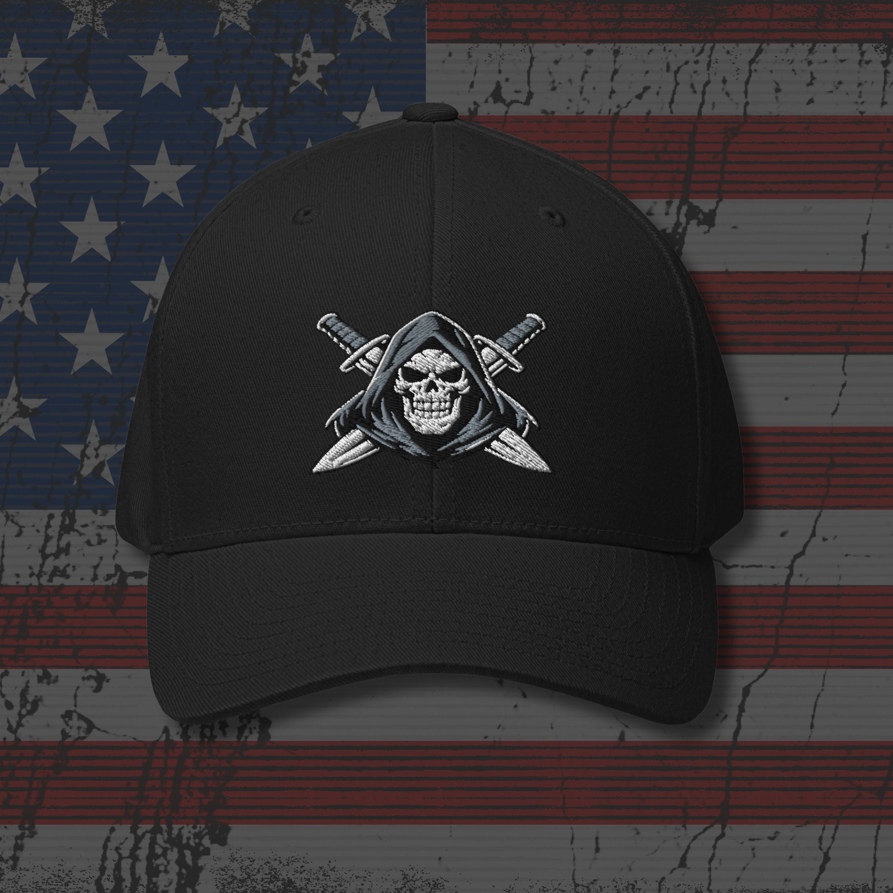 Black cap with a skull and crossed swords design on an American flag background