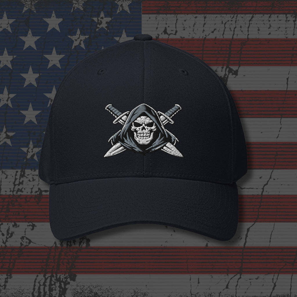 Black cap with a skull and crossed swords design on an American flag background