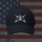 Black cap with a skull and crossed swords design on an American flag background