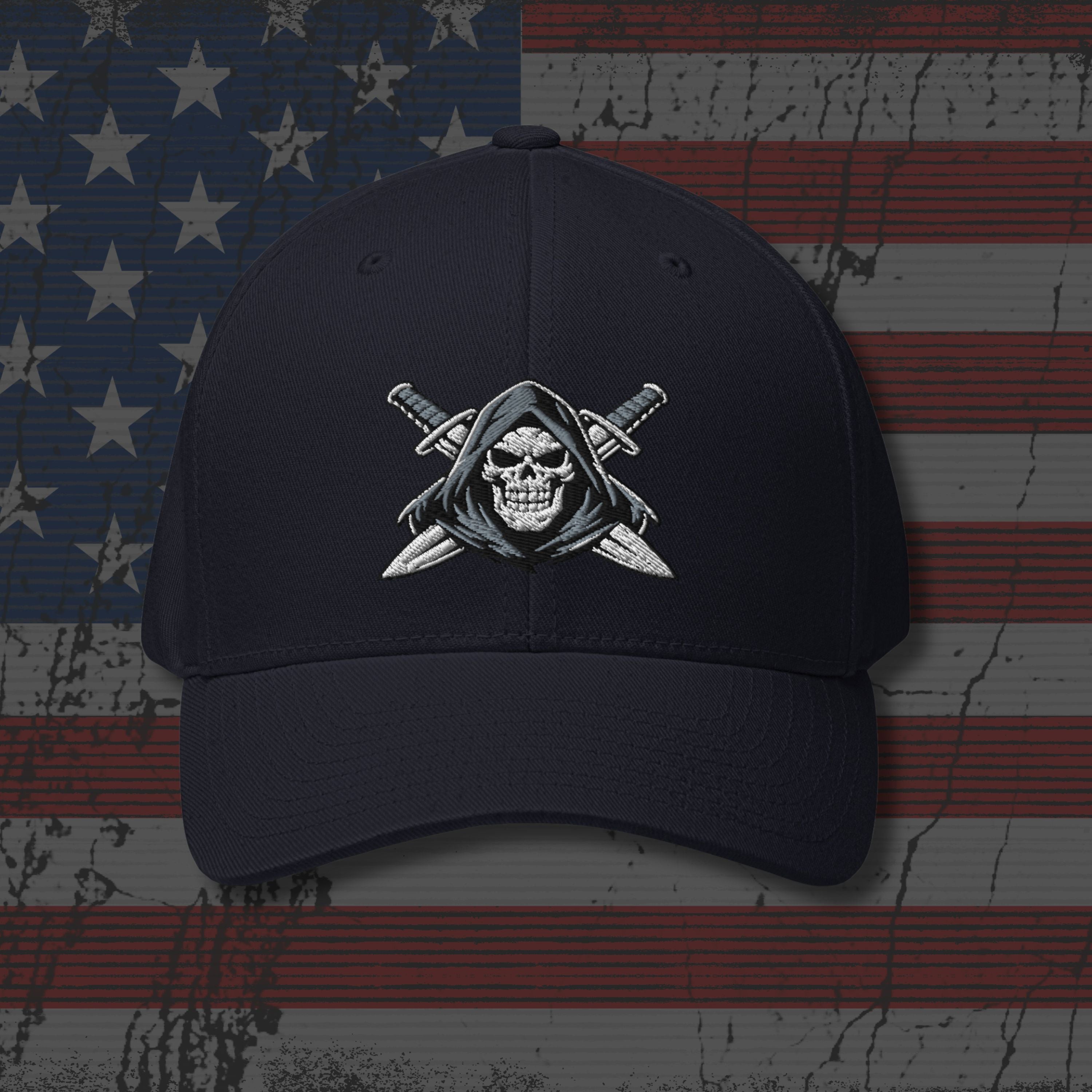 Black cap with a skull and crossed swords design on an American flag background