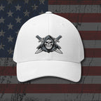 White cap with a skull and crossed swords design on an American flag background