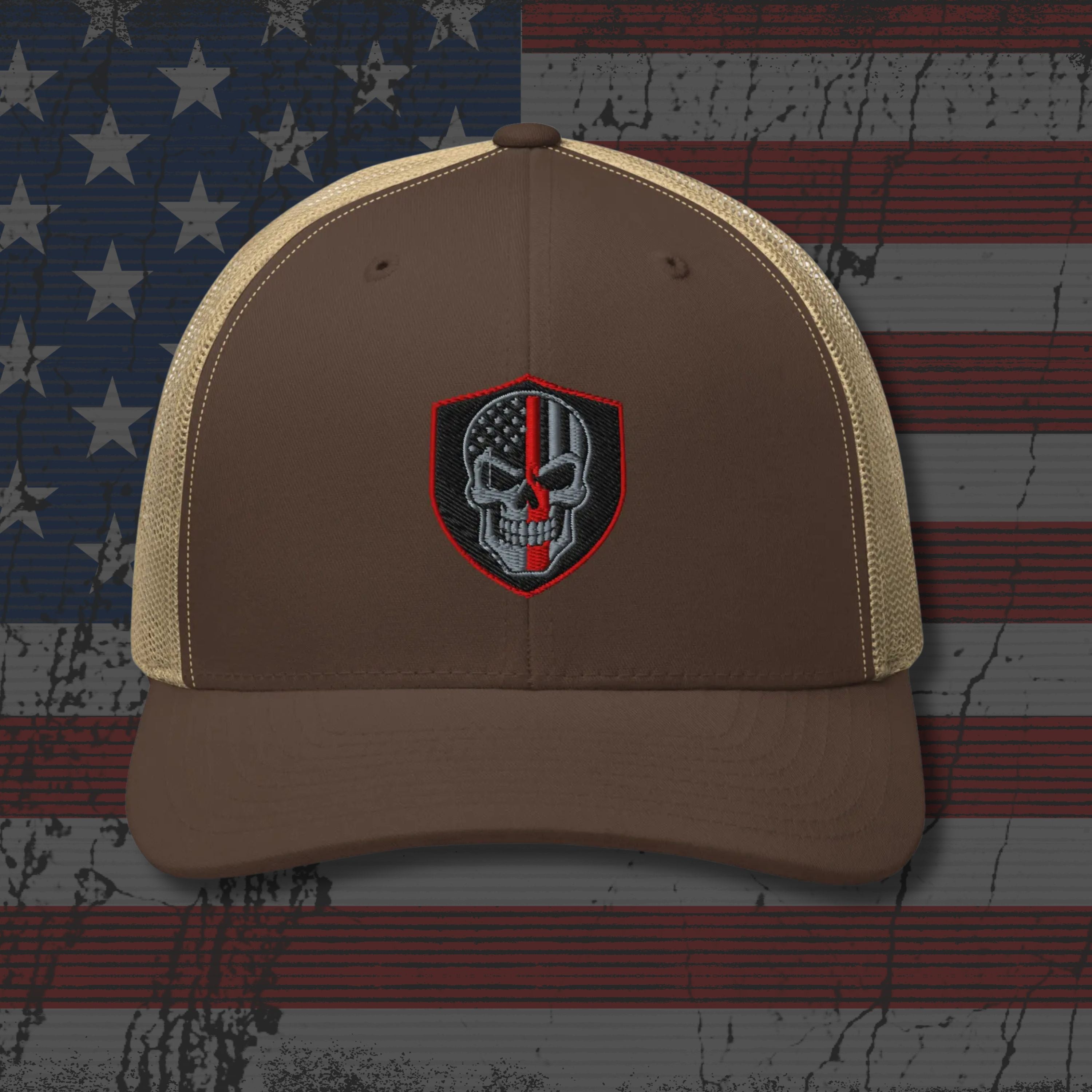 Brown cap with a skull emblem on an American flag background