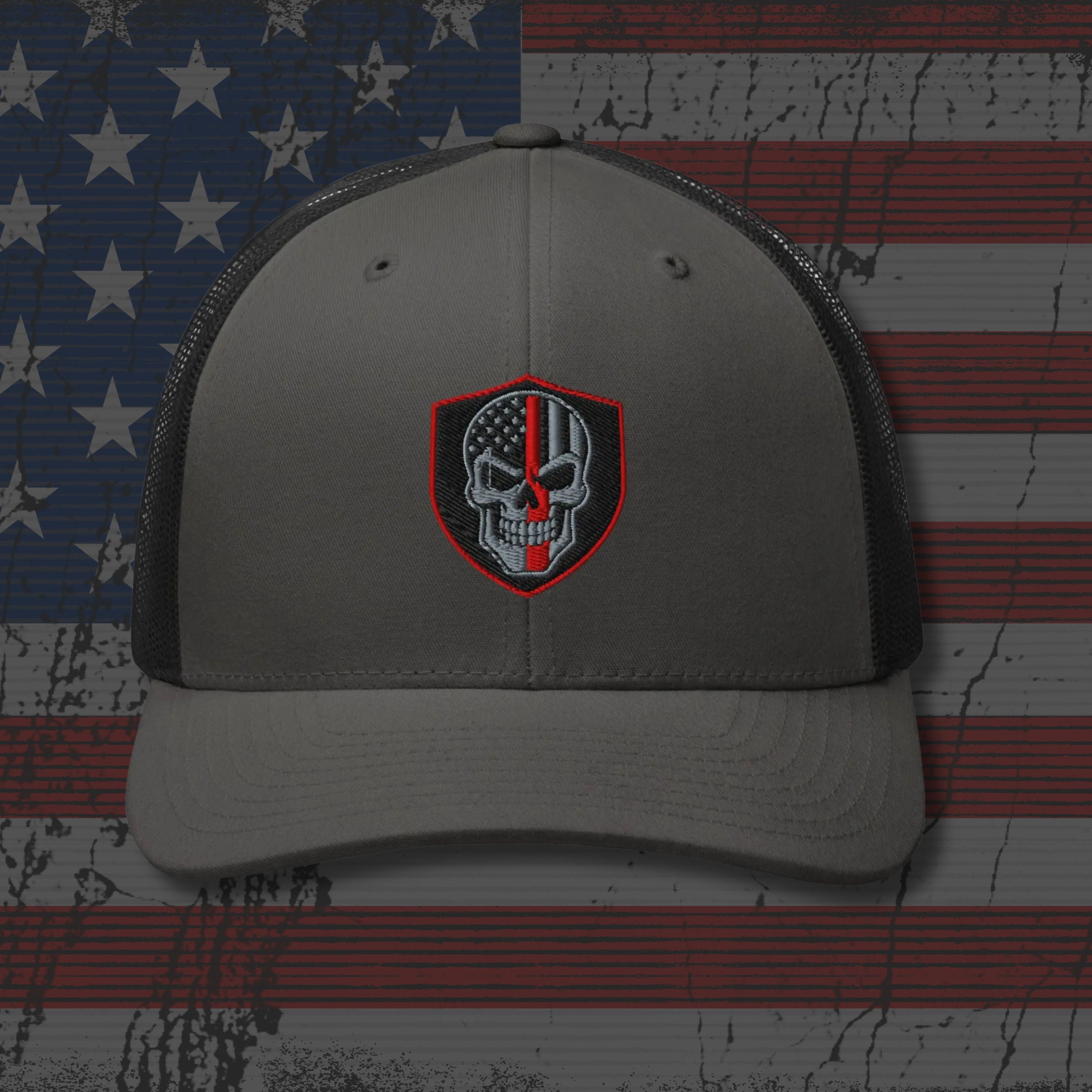 Gray cap with a skull emblem on an American flag background