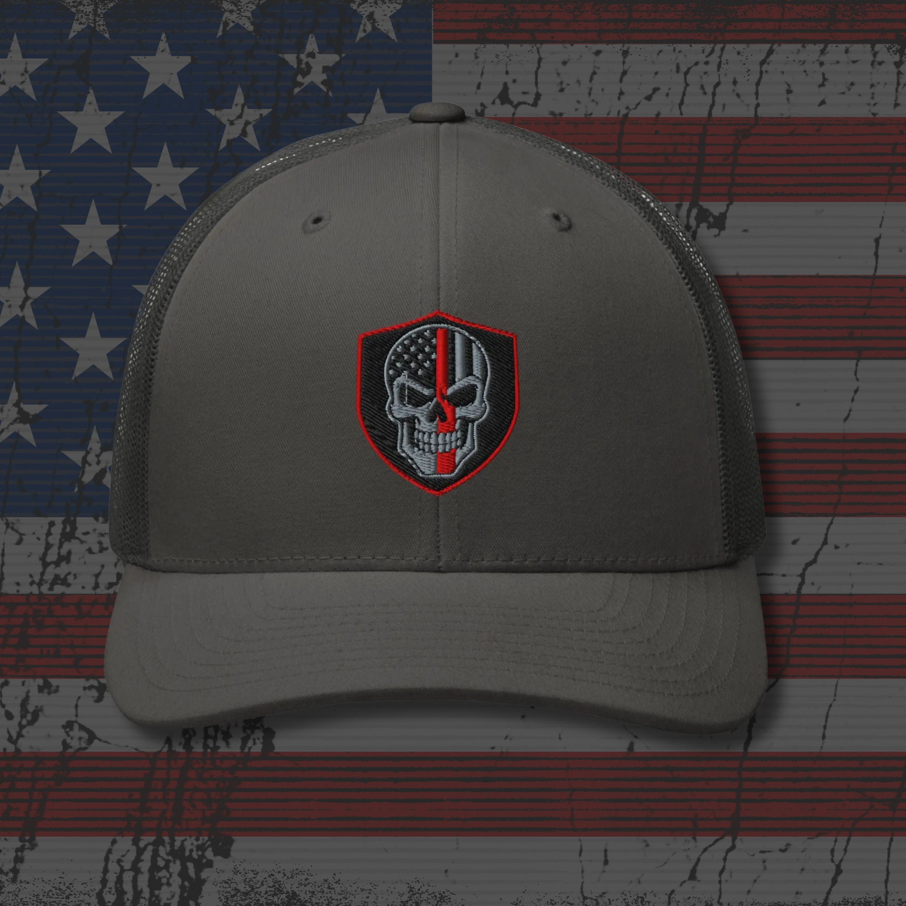 Gray cap with a skull emblem on an American flag background