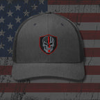Gray cap with a skull and American flag design on an American flag background