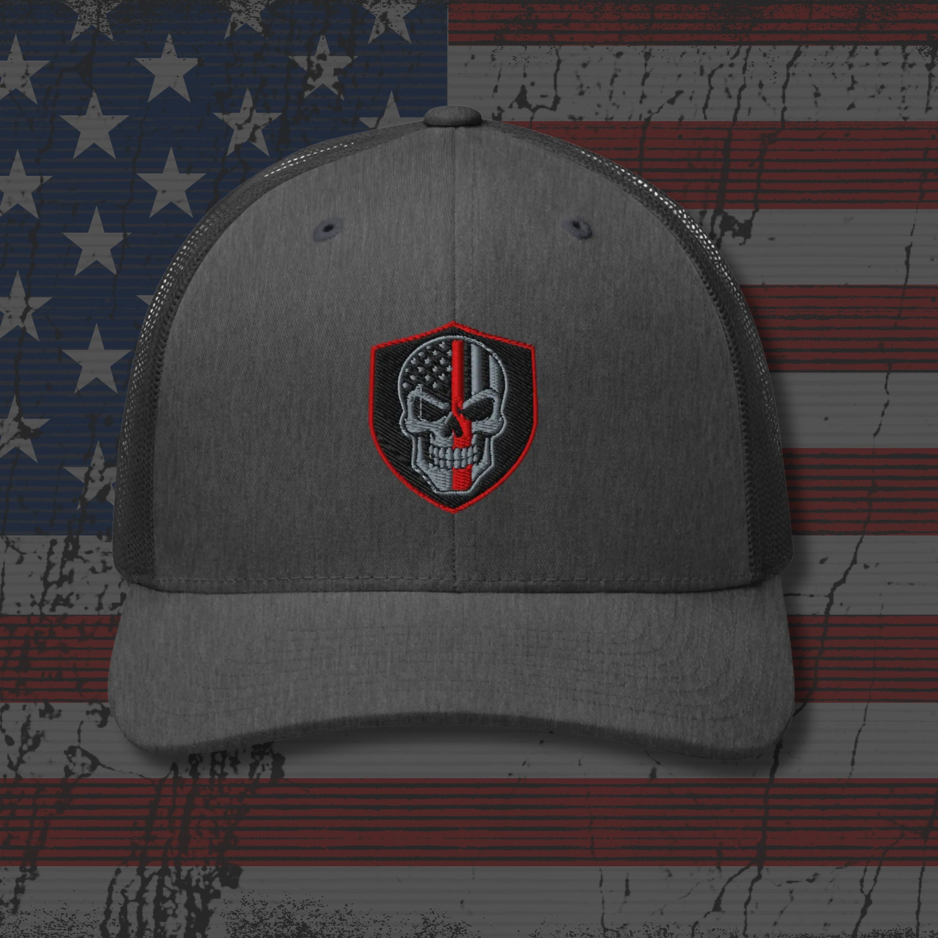 Gray cap with a skull and American flag design on an American flag background