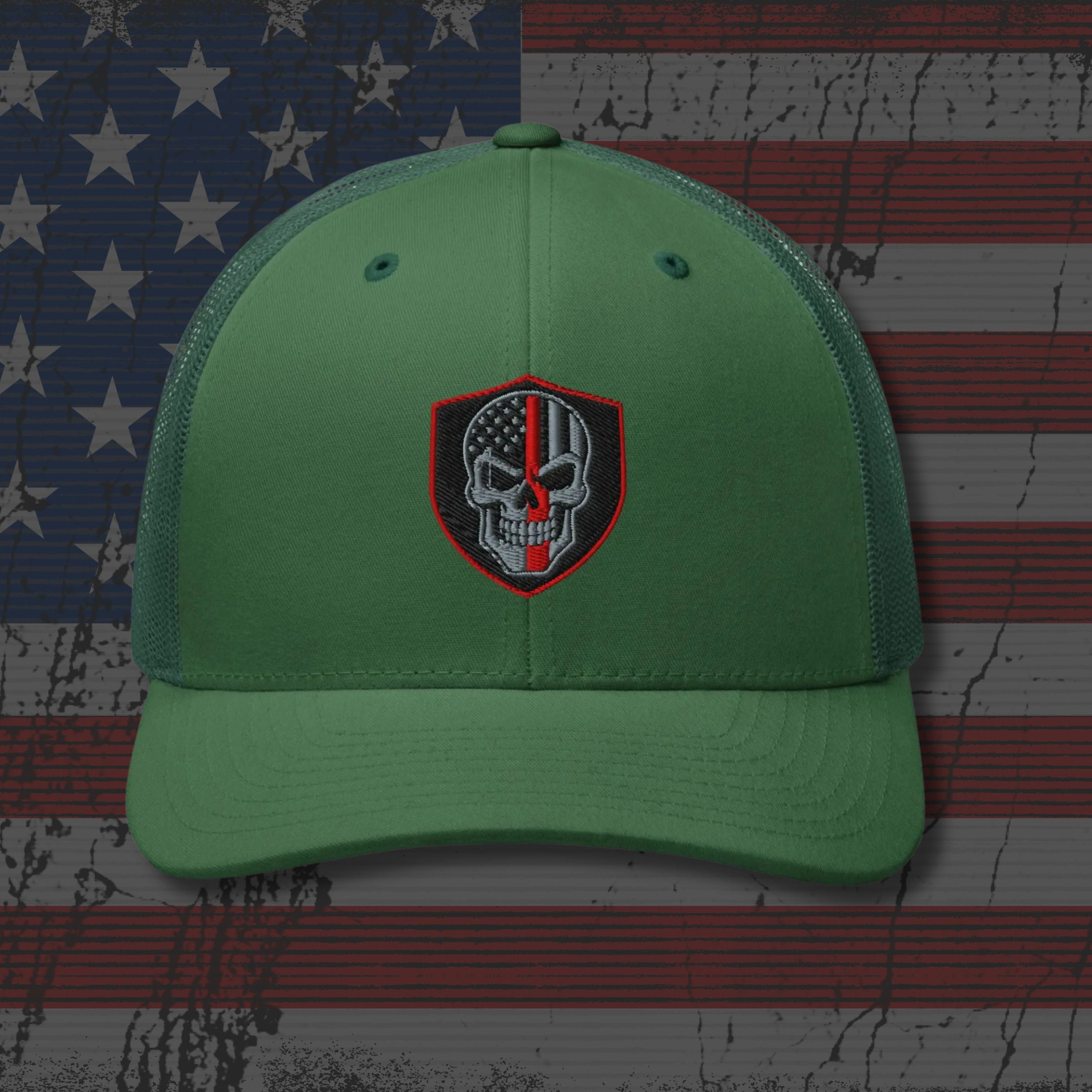 Green cap with a skull emblem on an American flag background