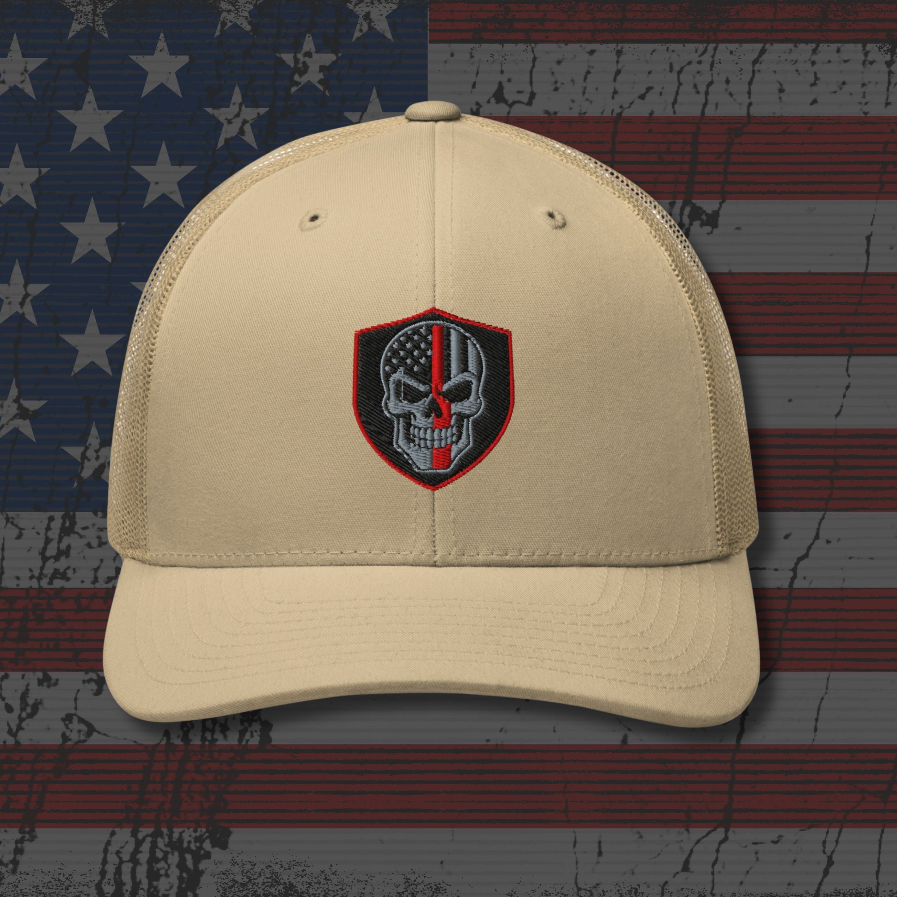 Beige cap with a skull emblem on an American flag background