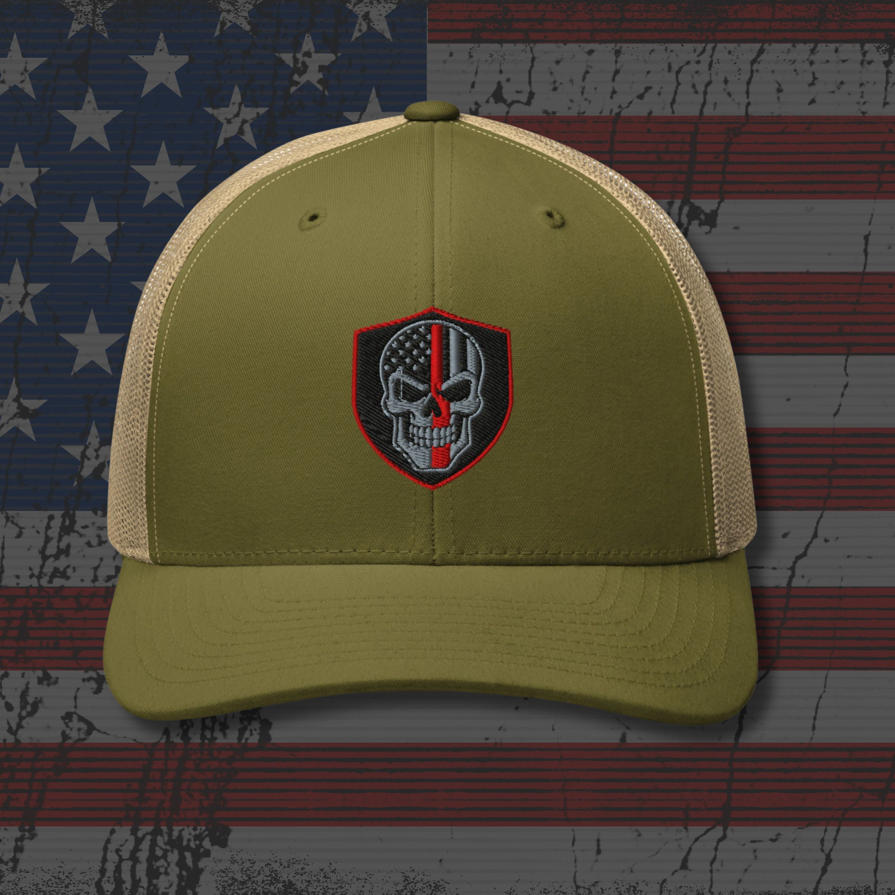 Green cap with a skull emblem on an American flag background