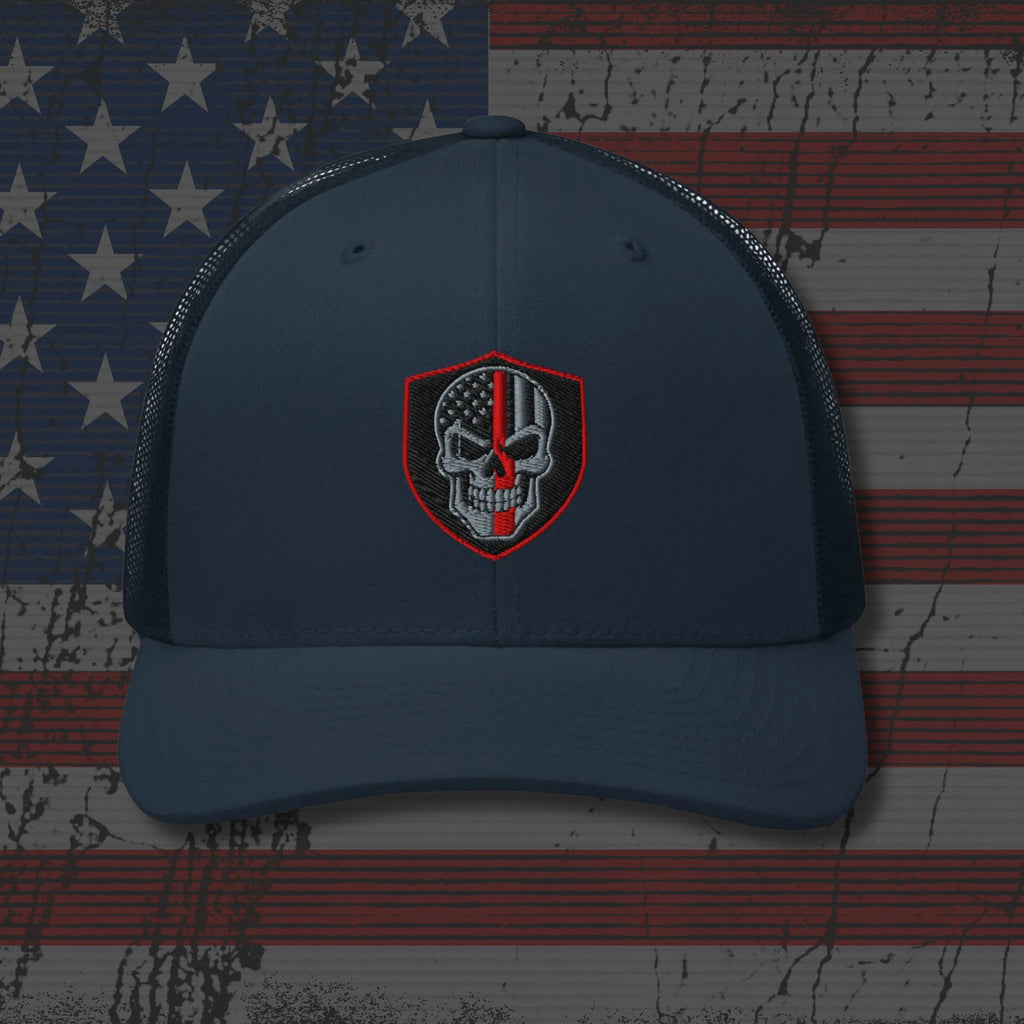 Blue cap with a skull and American flag design on an American flag background