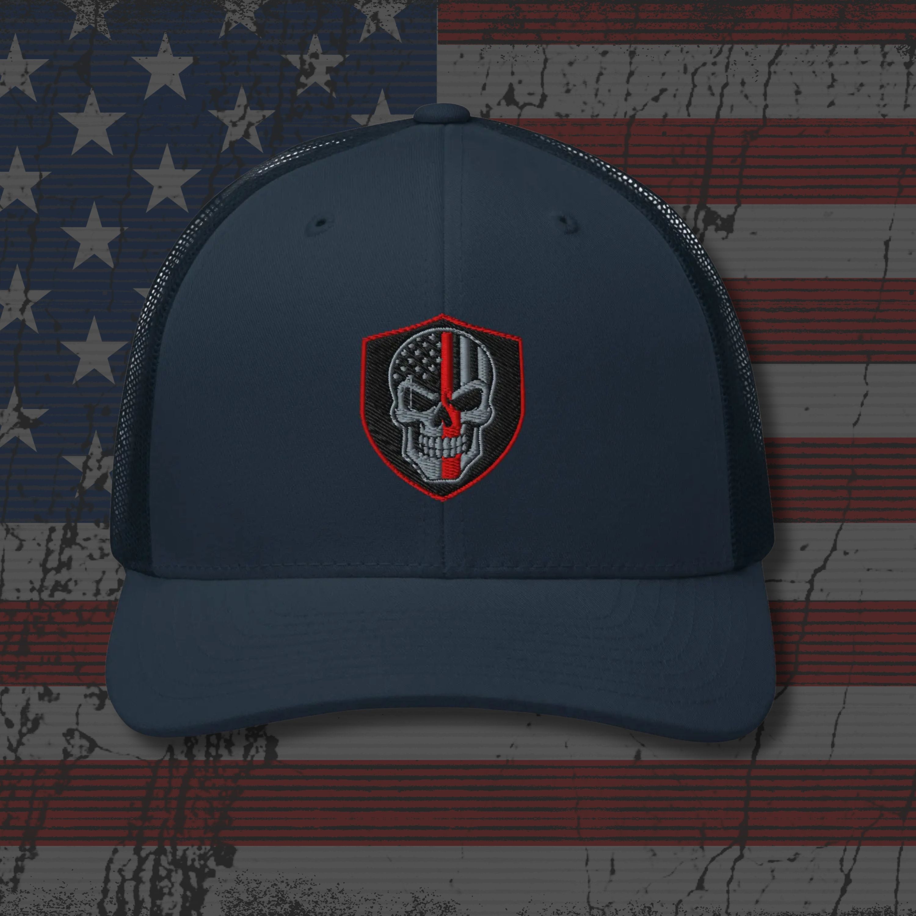 Blue cap with a skull and American flag design on an American flag background