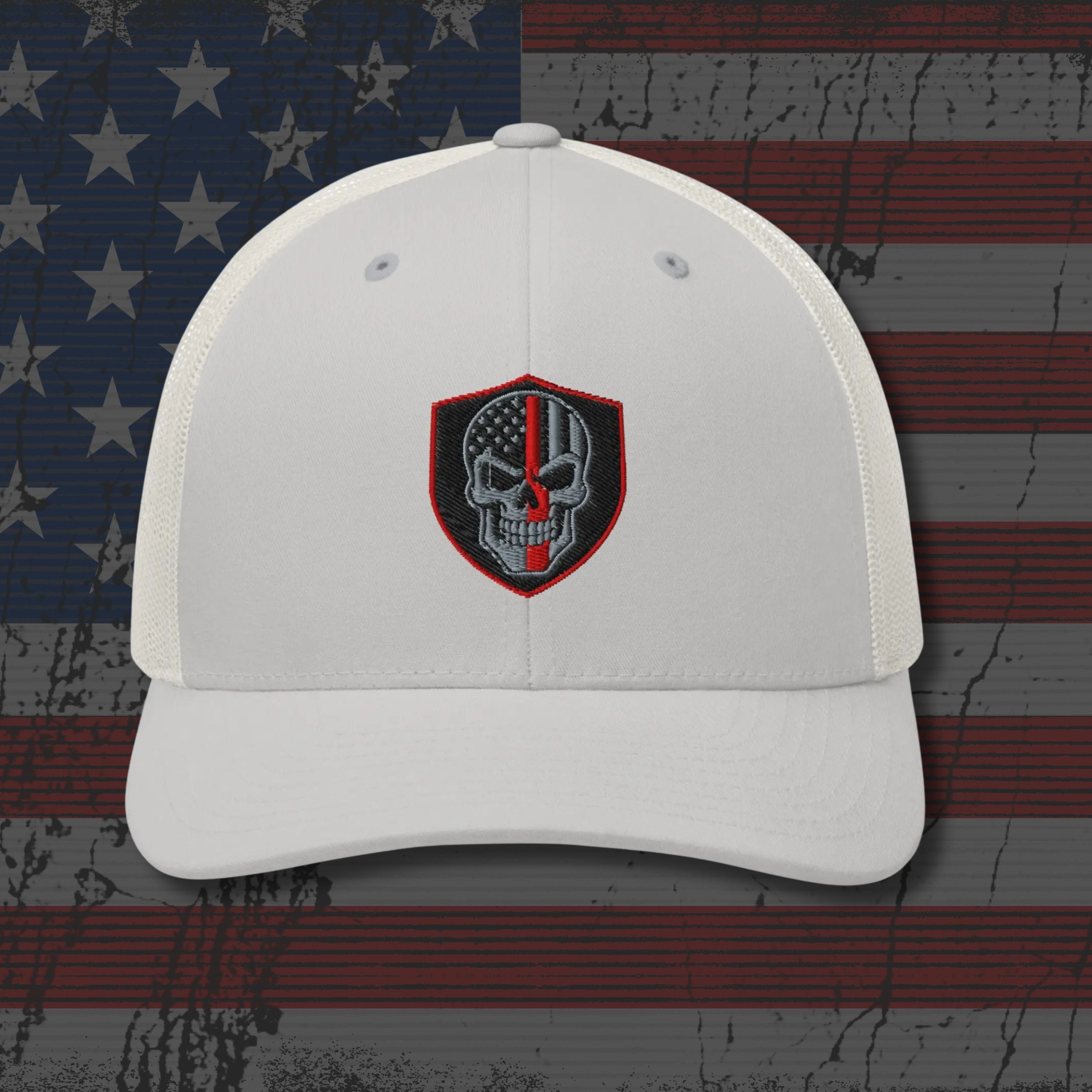 White cap with a skull and American flag design on an American flag background