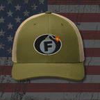 Green cap with a grenade logo featuring the letter 'F' on an American flag background