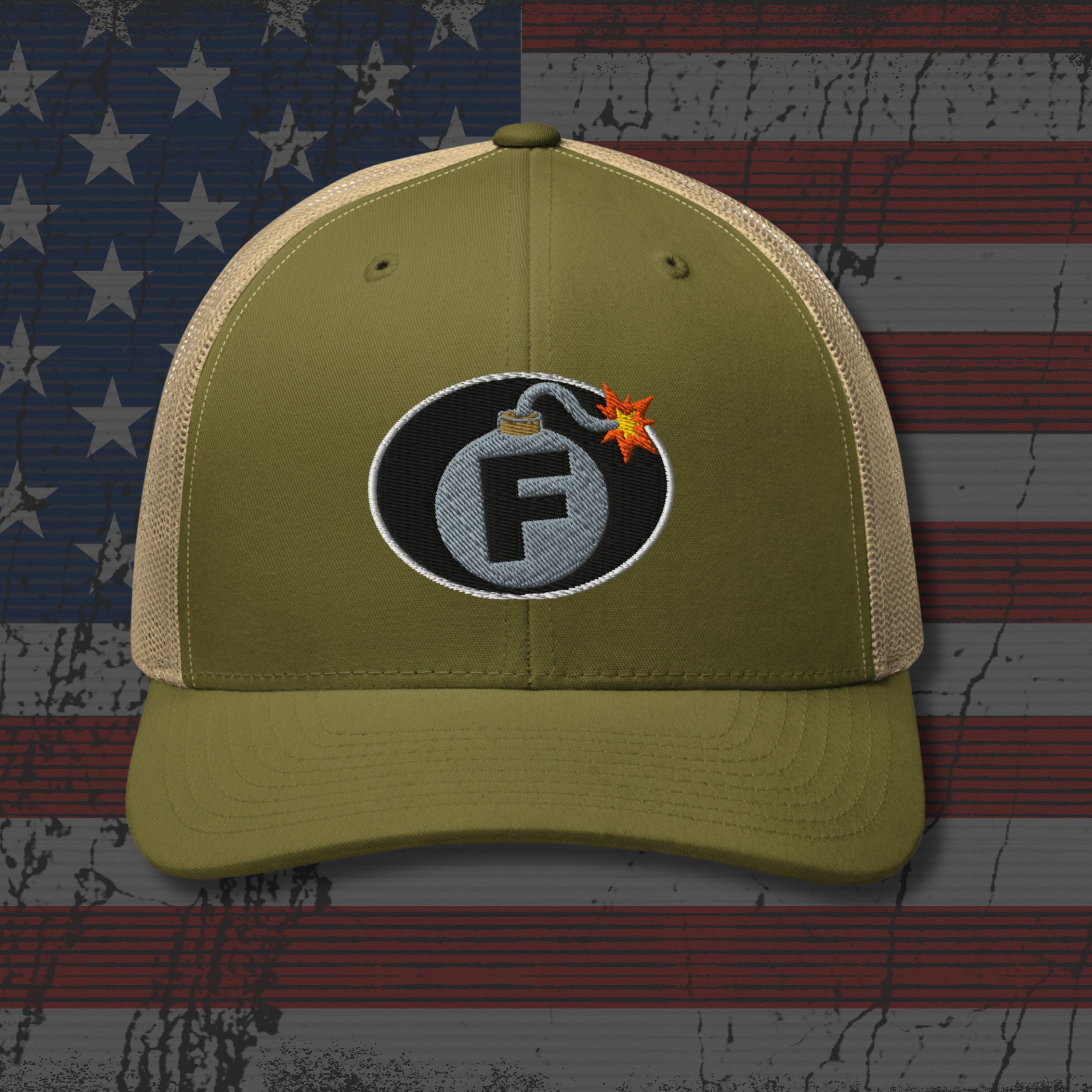 Green cap with a grenade logo featuring the letter 'F' on an American flag background