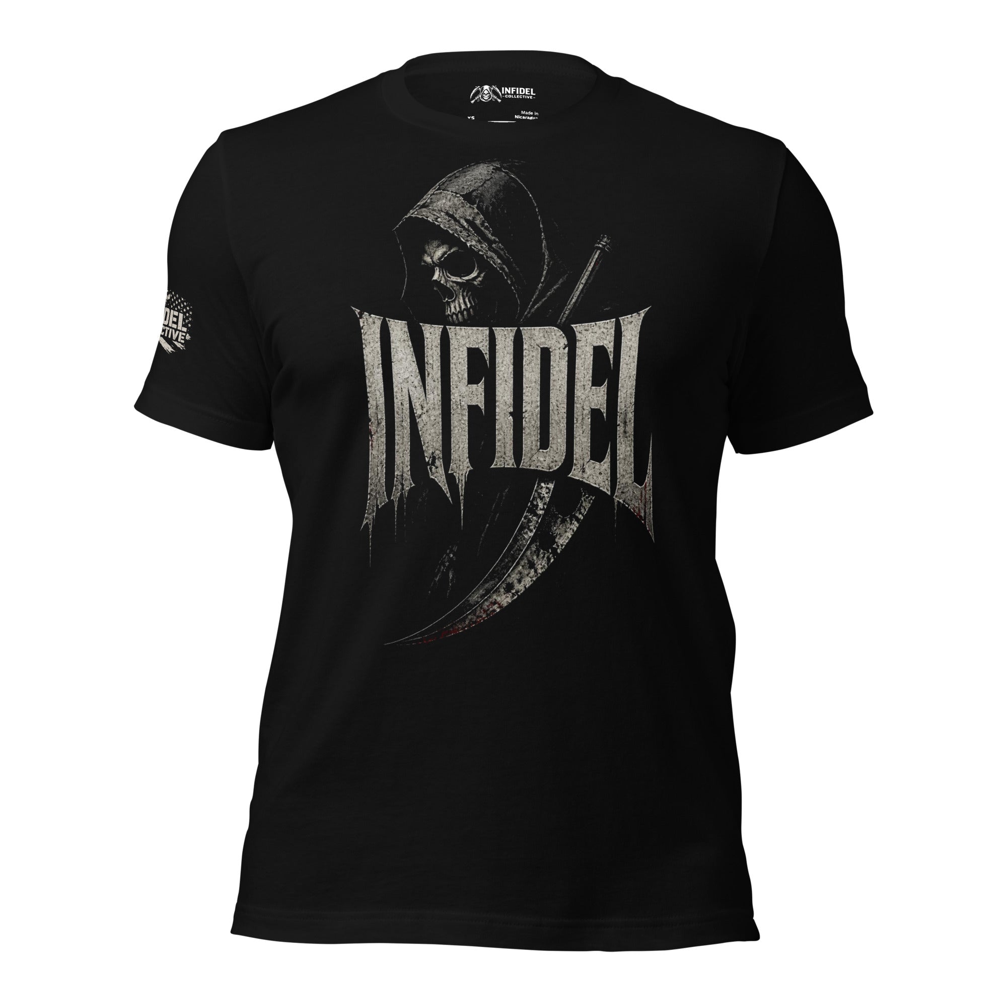 Infidel hooded reaper scythe graphic black tee from Infidel Collective