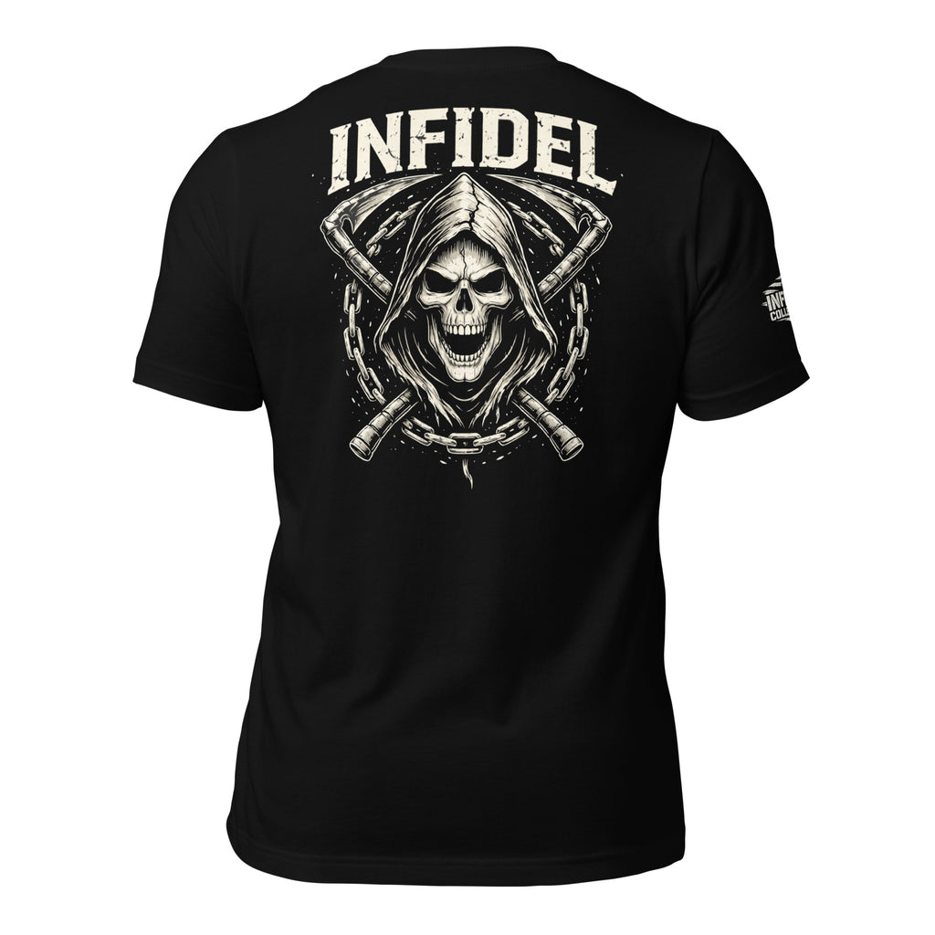 Infidel Reaper Shield back print black tee from Infidel Collective