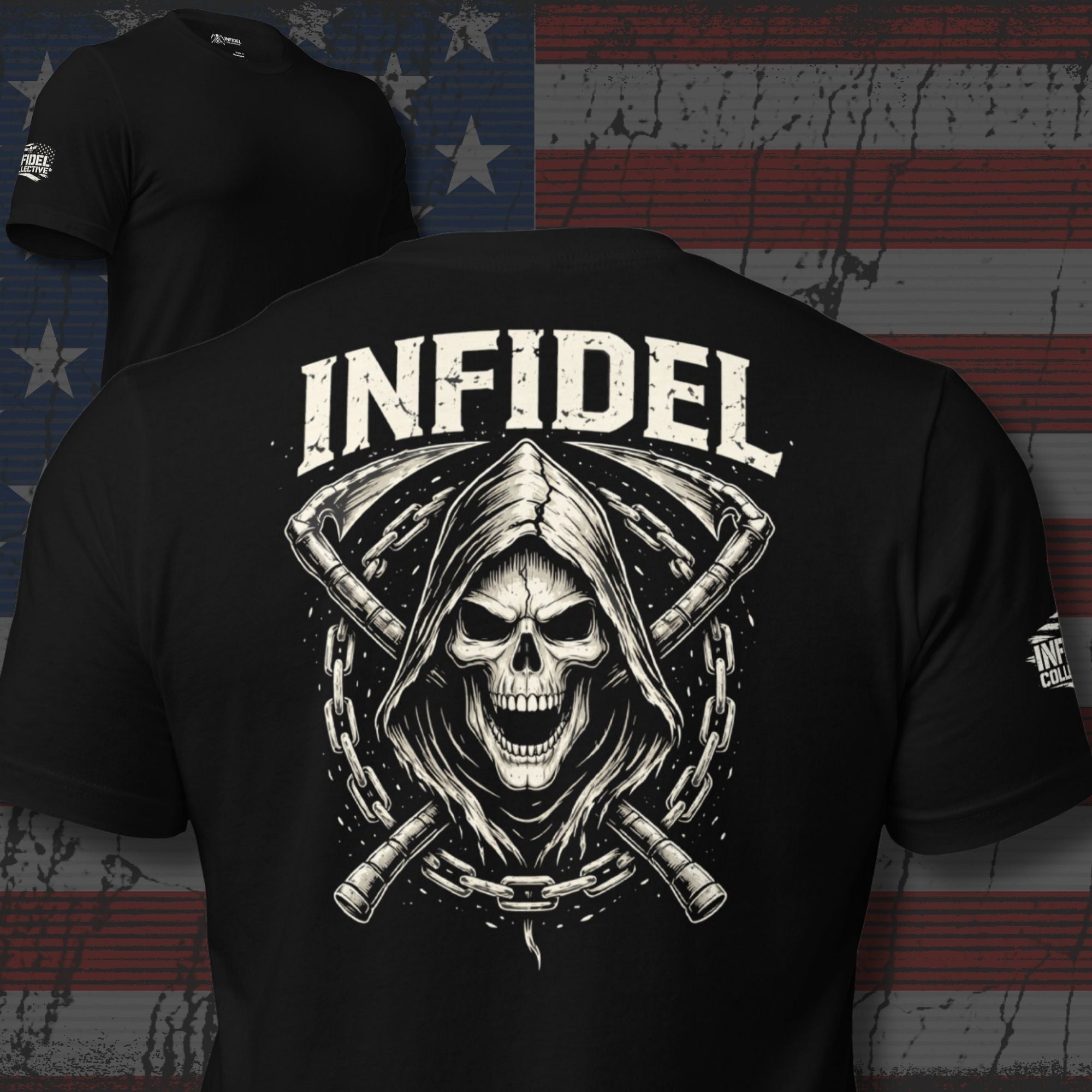 Infidel Reaper Shield back print black tee from Infidel Collective