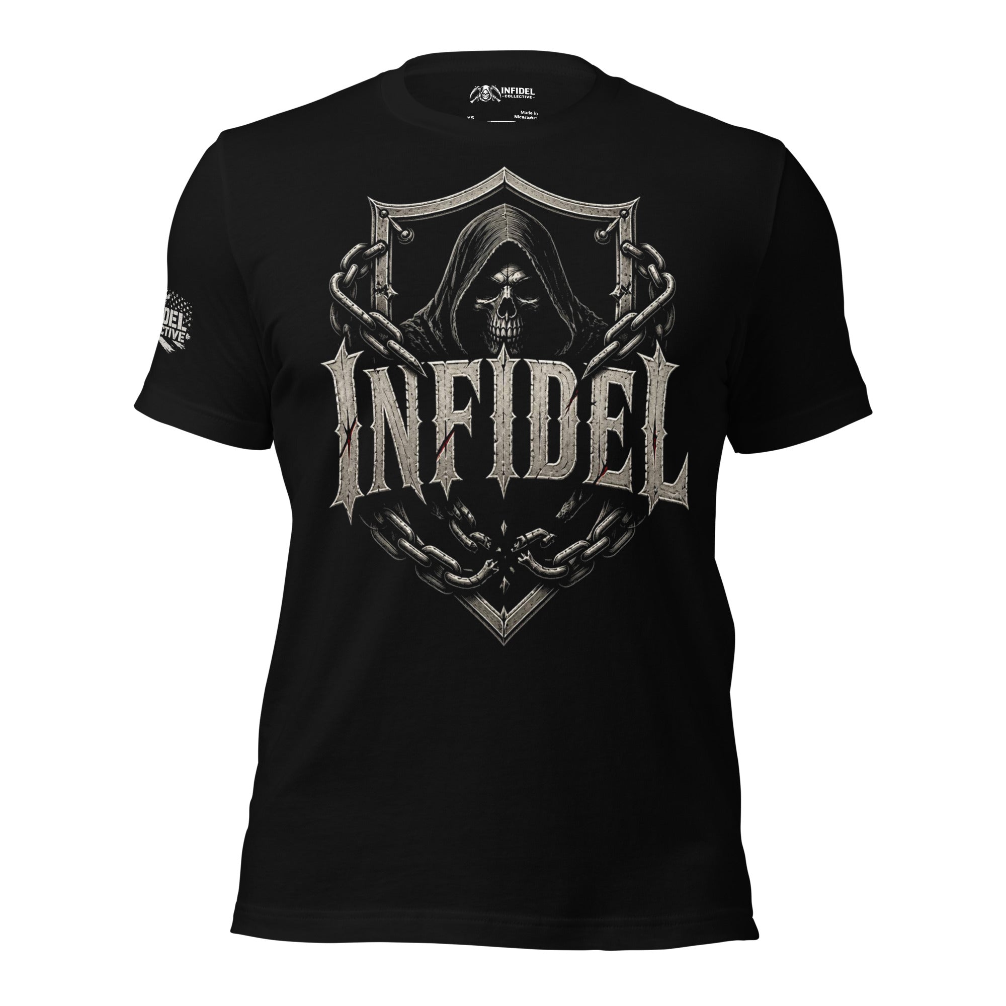 Black Infidel Collective tee with front print featuring hooded skull, shield, chains, and INFIDEL text graphic