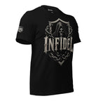 Black Infidel Collective tee with front print featuring hooded skull, shield, chains, and INFIDEL text graphic