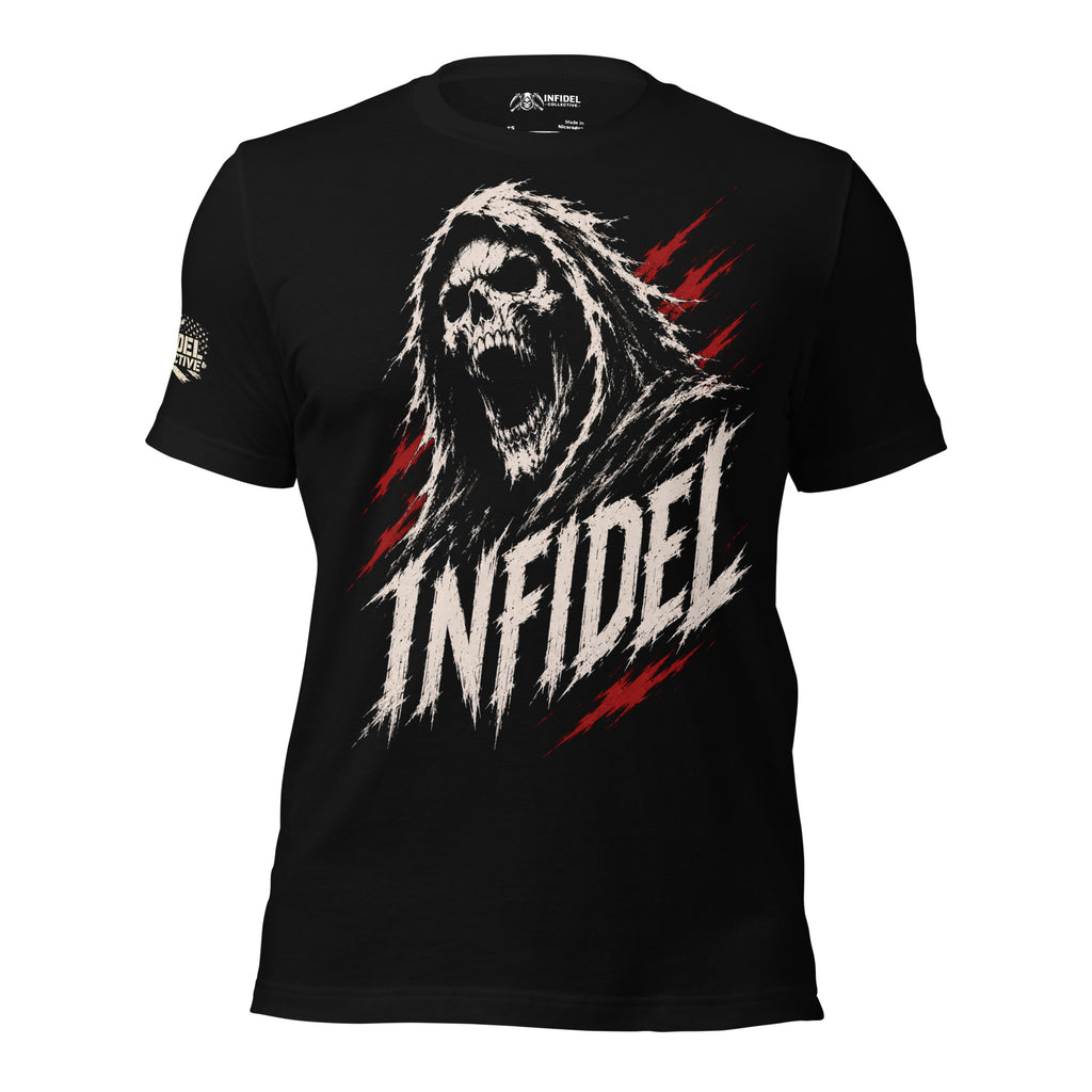 Infidel Red Strike Reaper graphic black tee from Infidel Collective