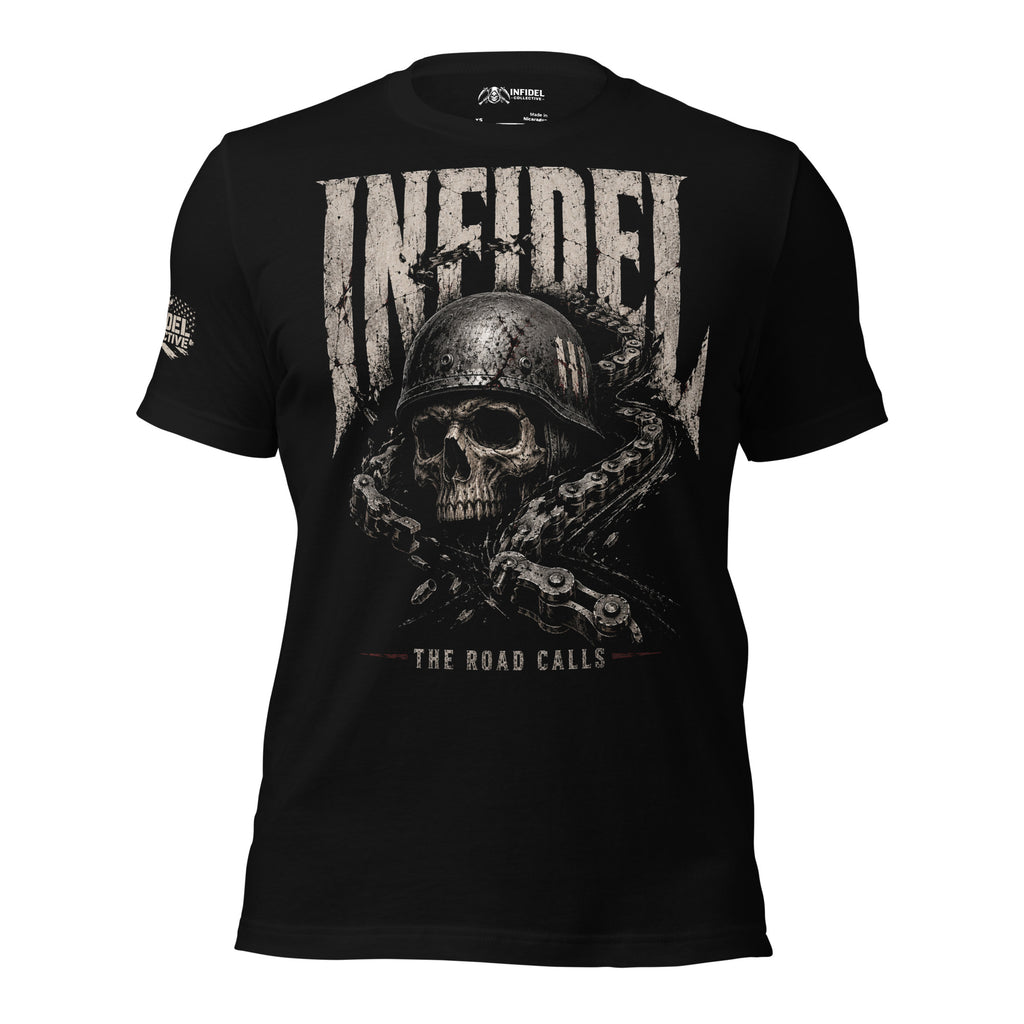 Infidel Road Calls broken chain skull biker graphic black tee