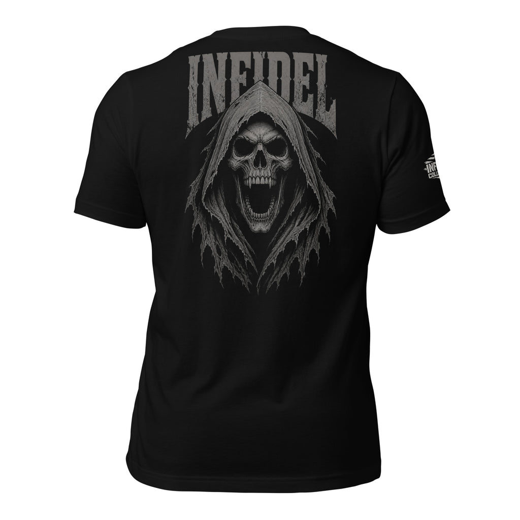 Infidel screaming hooded reaper back print black tee from Infidel Collective