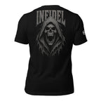 Infidel screaming hooded reaper back print black tee from Infidel Collective