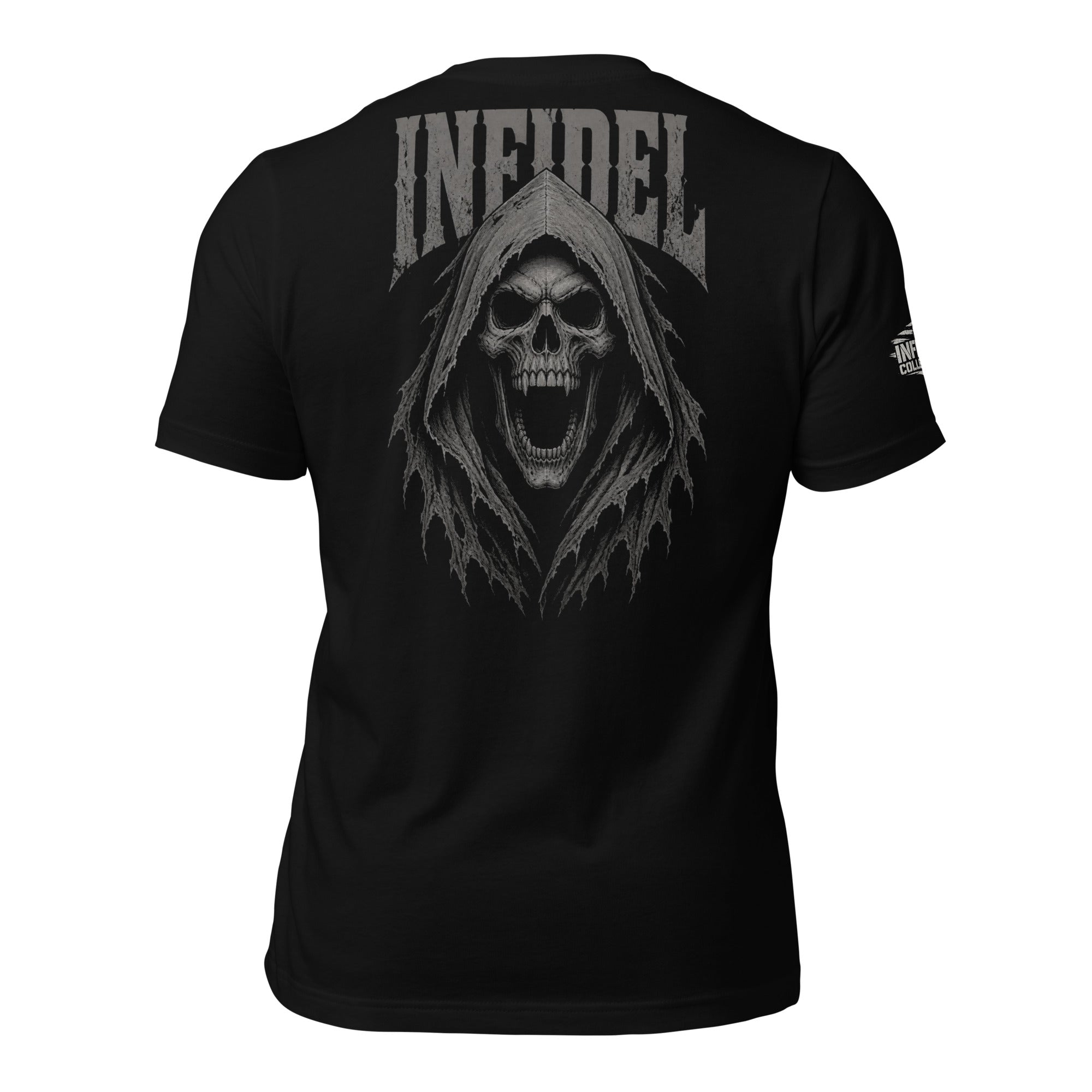 Infidel screaming hooded reaper back print black tee from Infidel Collective