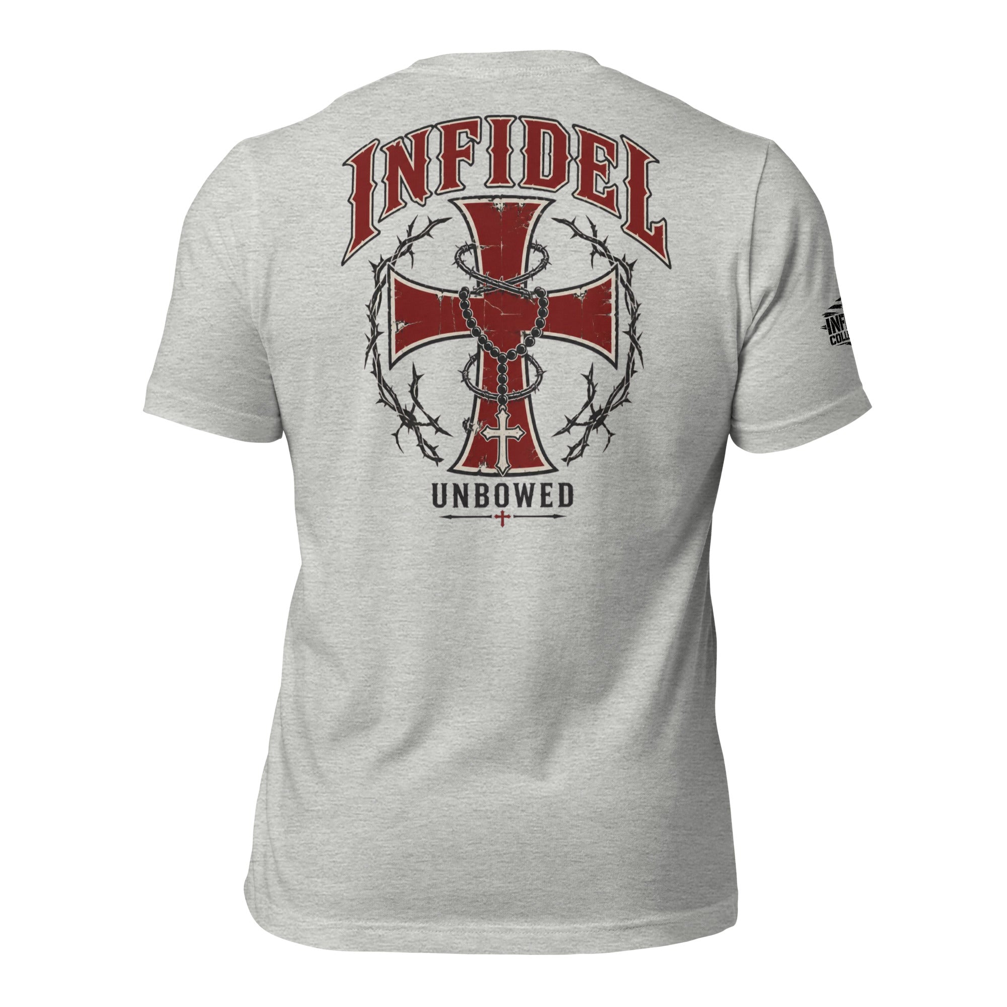 Infidel Unbowed rosary cross back print grey tee from Infidel Collective