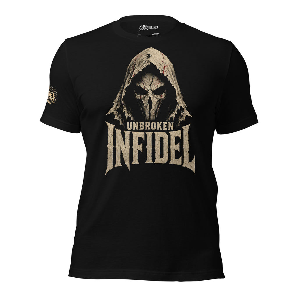 Black Infidel Collective t-shirt with hooded figure and Unbroken Infidel front graphic