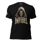 Black Infidel Collective t-shirt with hooded figure and Unbroken Infidel front graphic