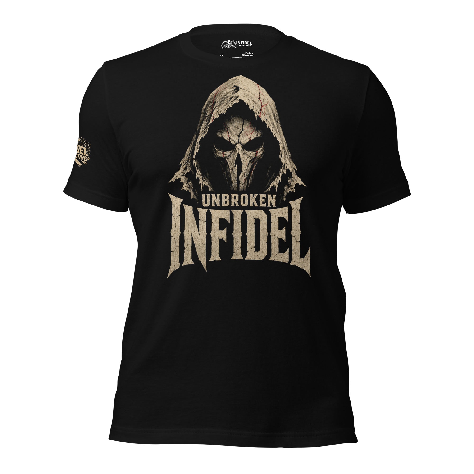 Black Infidel Collective t-shirt with hooded figure and Unbroken Infidel front graphic