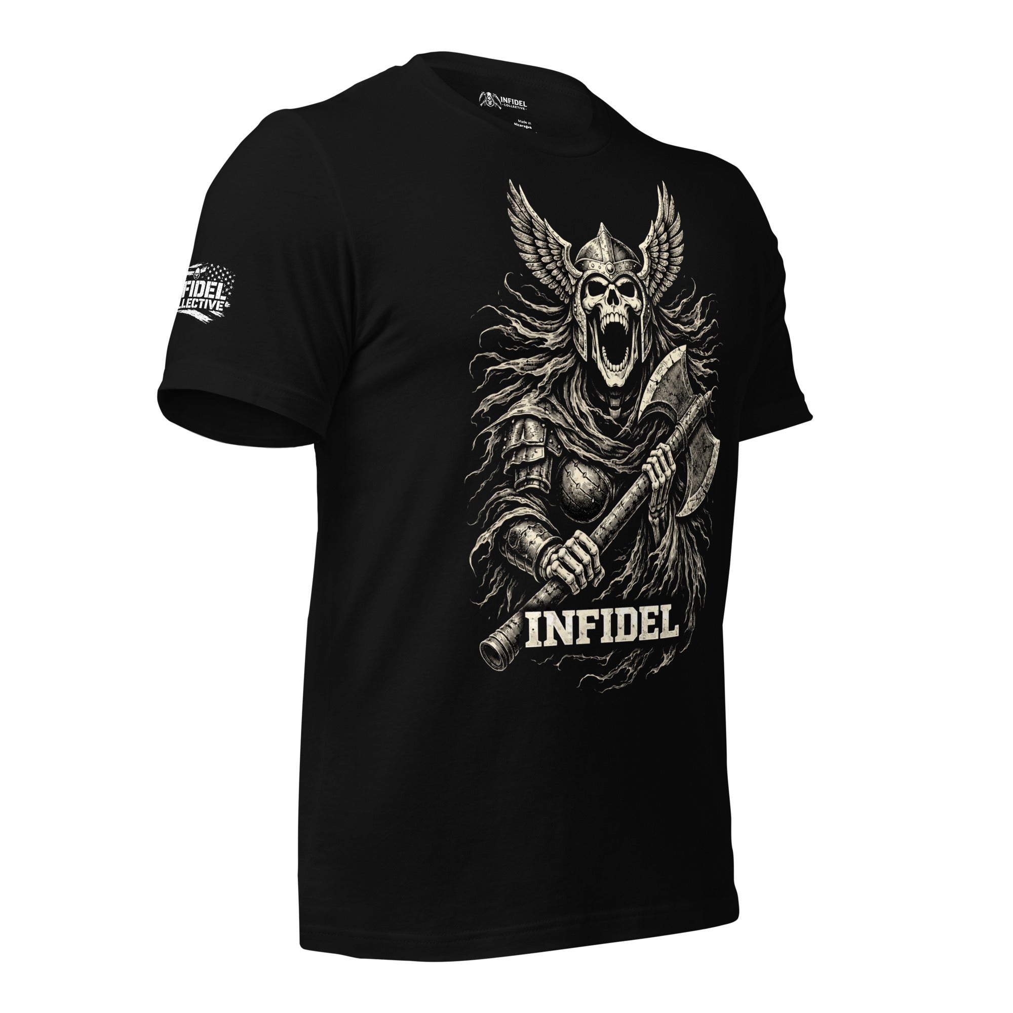 Black Infidel Valkyrie Warrior tee with front print featuring winged warrior skull holding battle axe and INFIDEL text