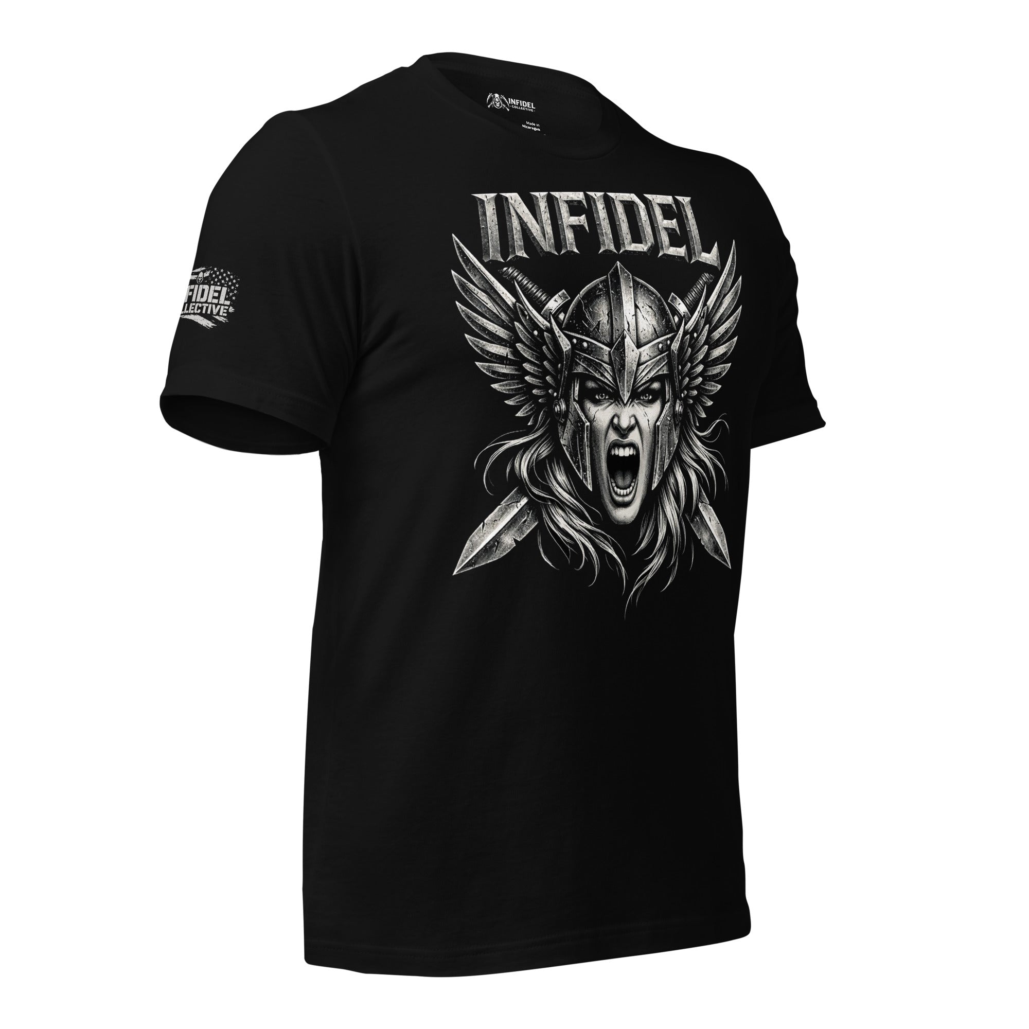 Infidel warrior Valkyrie women’s front print black tee from Infidel Collective
