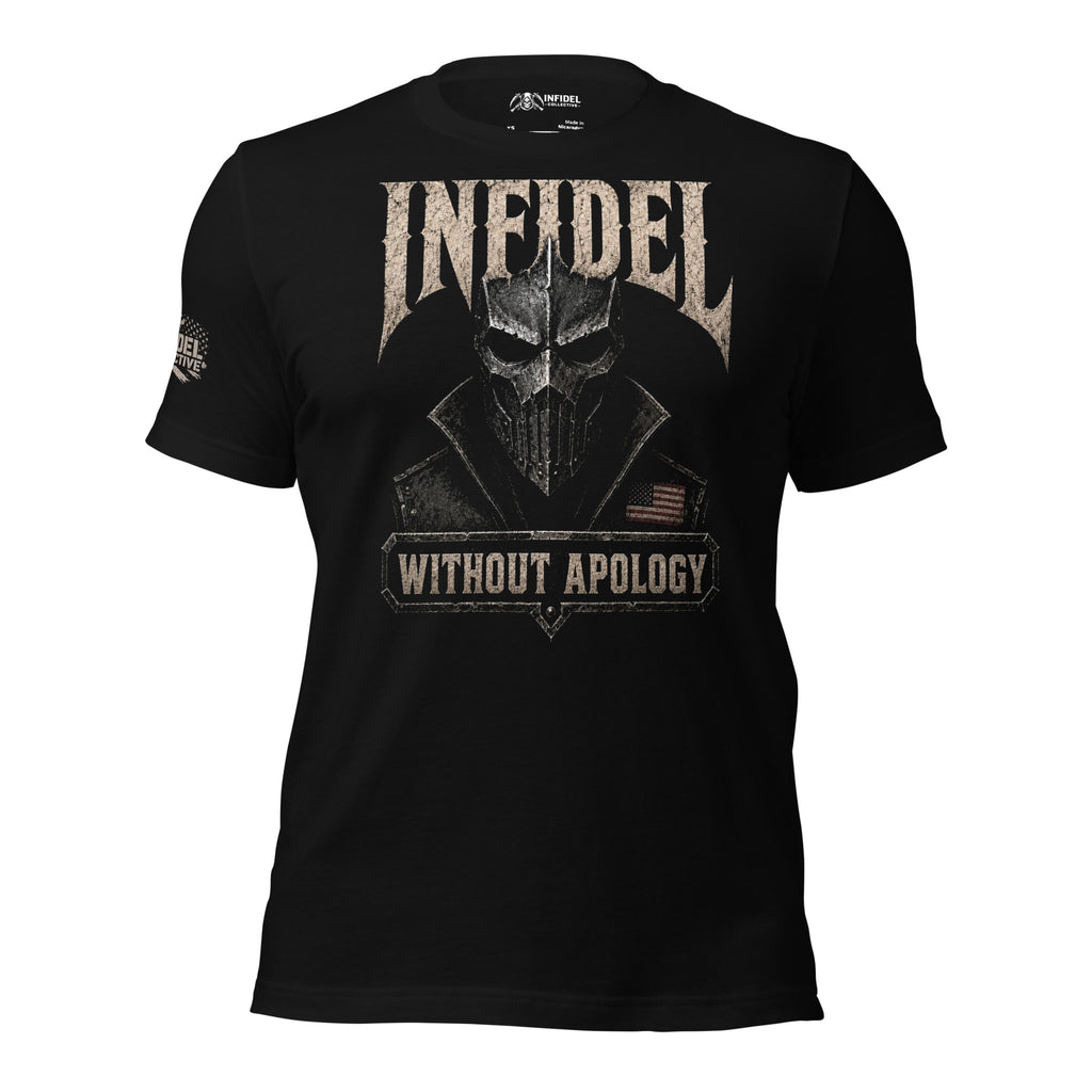 Infidel Without Apology death mask front print black tee from Infidel Collective