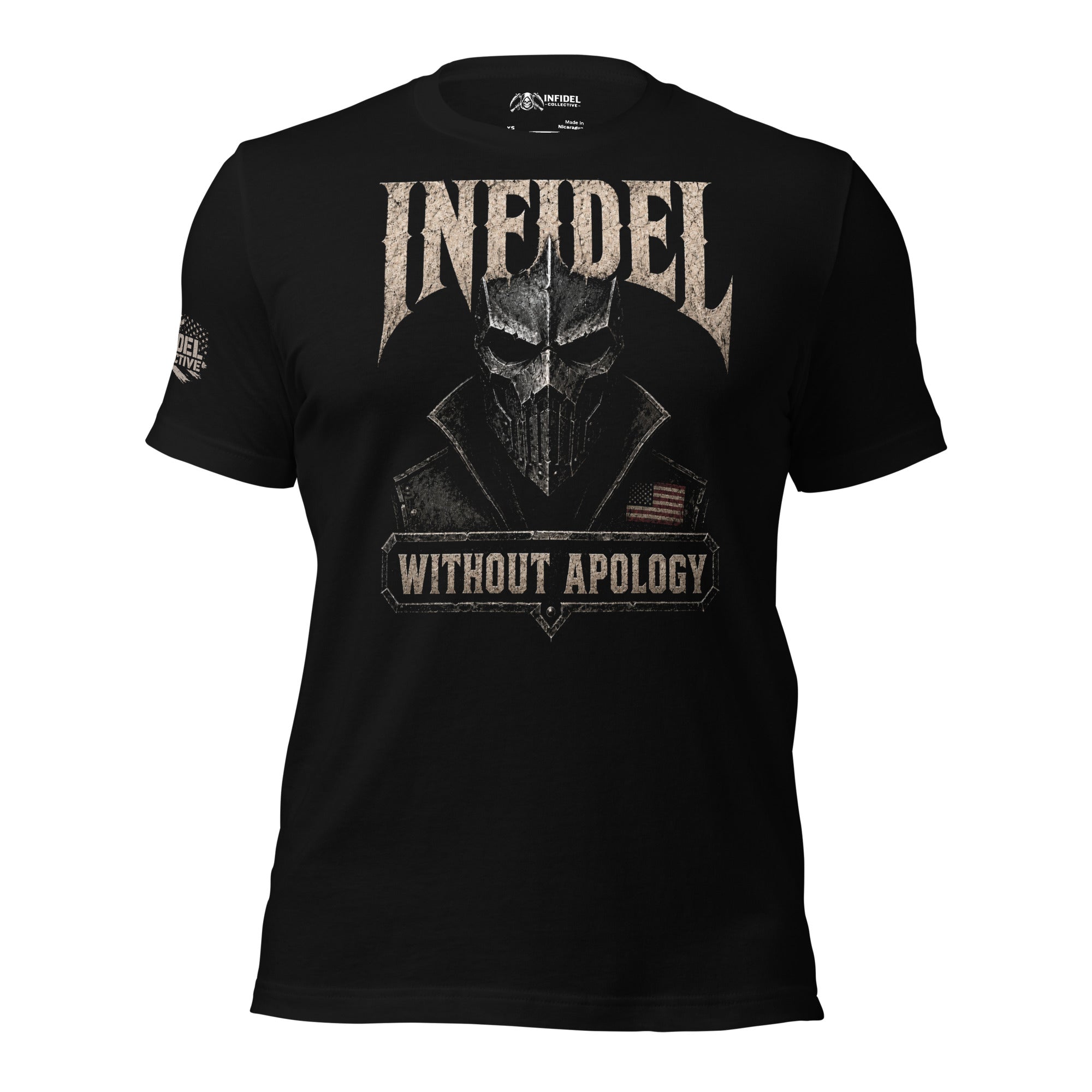 Infidel Without Apology death mask front print black tee from Infidel Collective