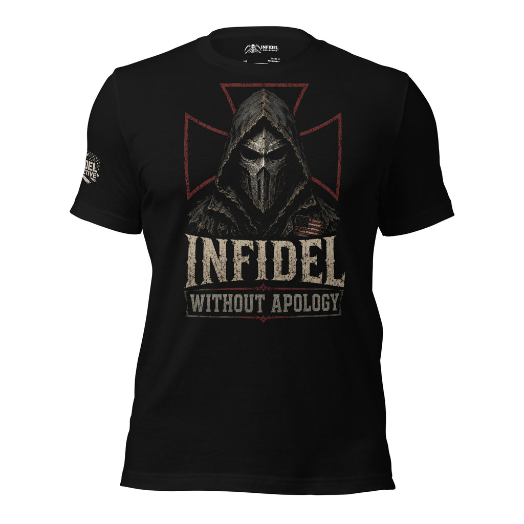 Infidel Without Apology hooded death mask front print black tee from Infidel Collective