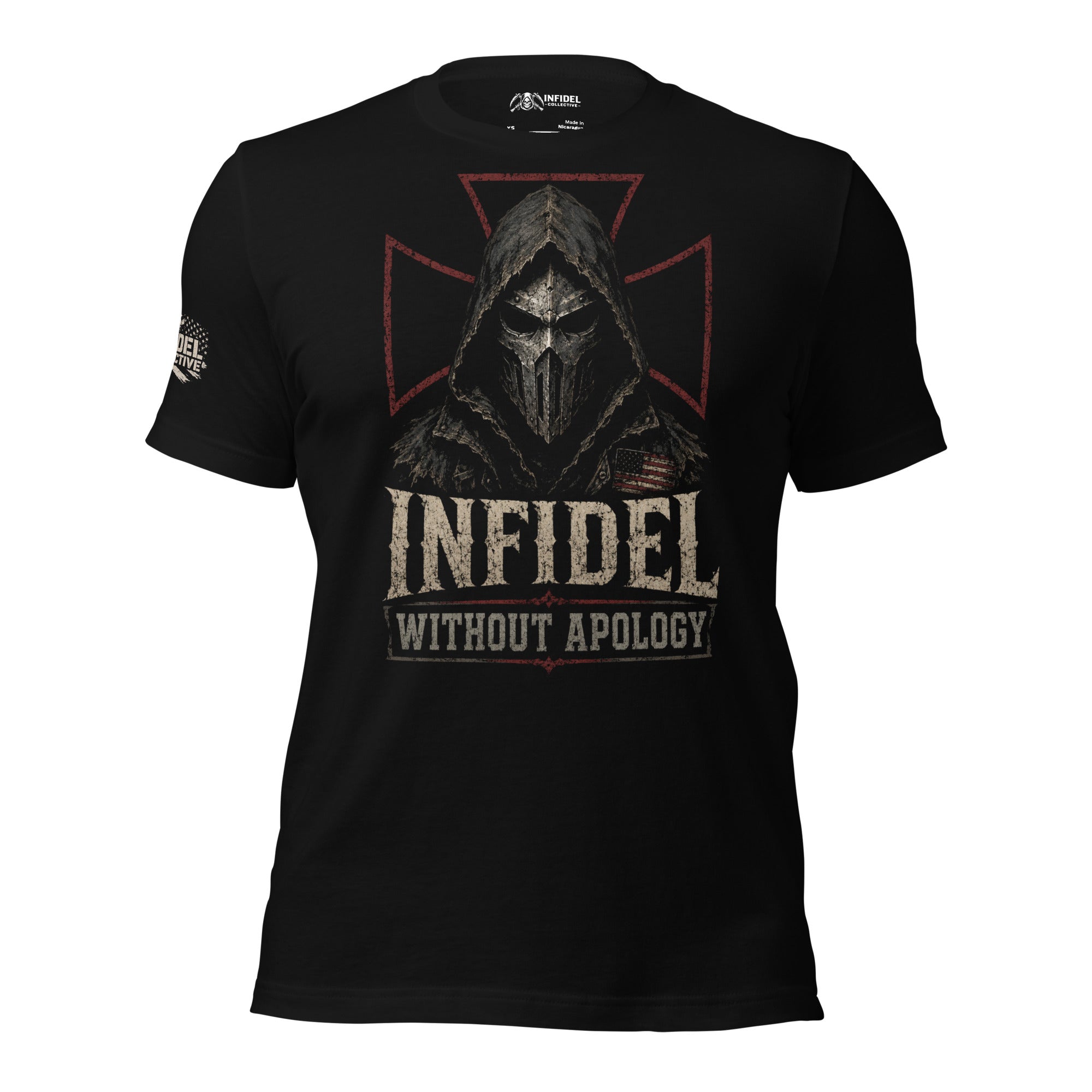 Infidel Without Apology hooded death mask front print black tee from Infidel Collective