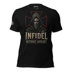 Infidel Without Apology hooded death mask front print black tee from Infidel Collective