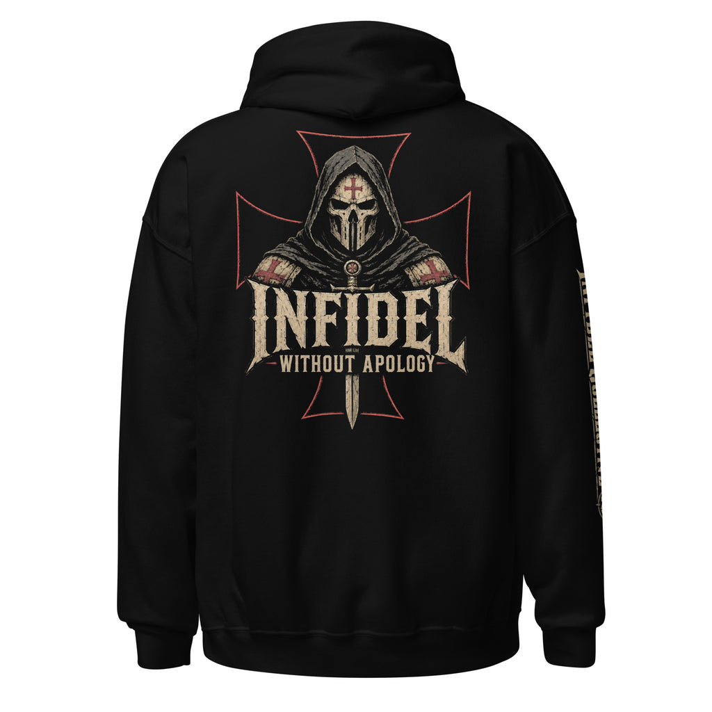 Infidel Without Apology hooded knight back print black hoodie from Infidel Collective