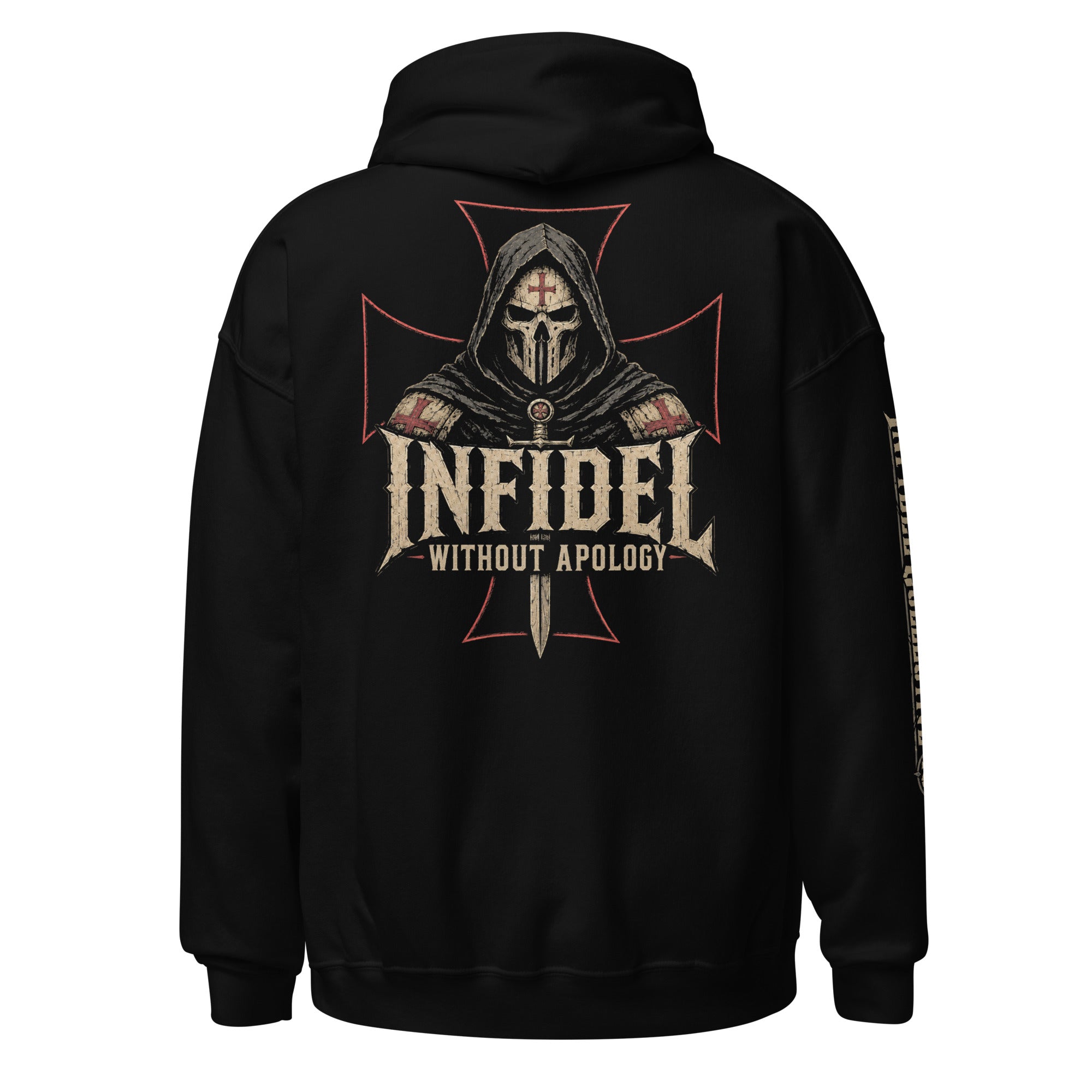 Infidel Without Apology hooded knight back print black hoodie from Infidel Collective